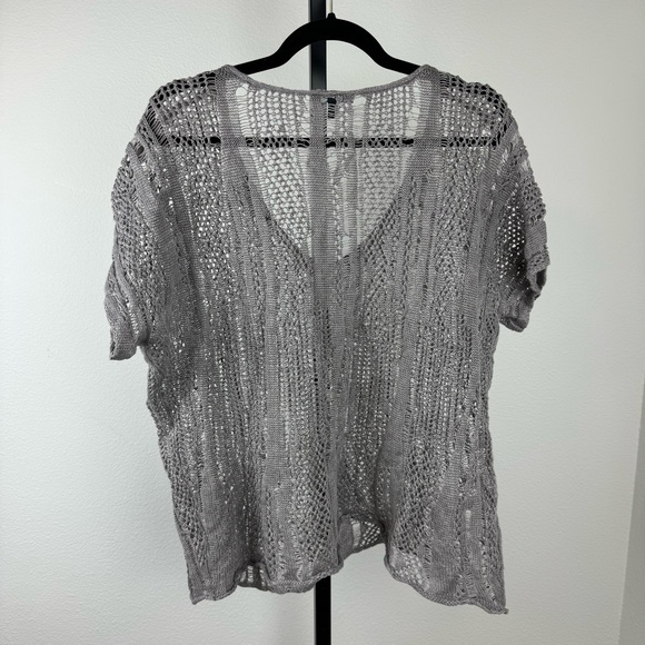 Eileen Fisher Crochet Linen Blend Short Sleeve Grey Popover Top, Sz L - Picture 5 of 8